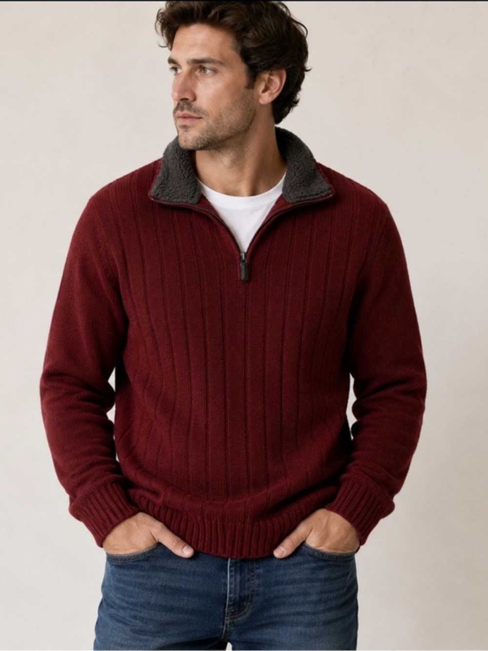Tricots St. Raphael Men’s Burgundy Quarter Zip Sweater Sherpa Collar L